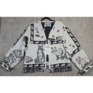 OOAK Upcycled VTG Tapestry Blanket Coat Jacket Cat Kitty Fringe Artsy Women L/XL